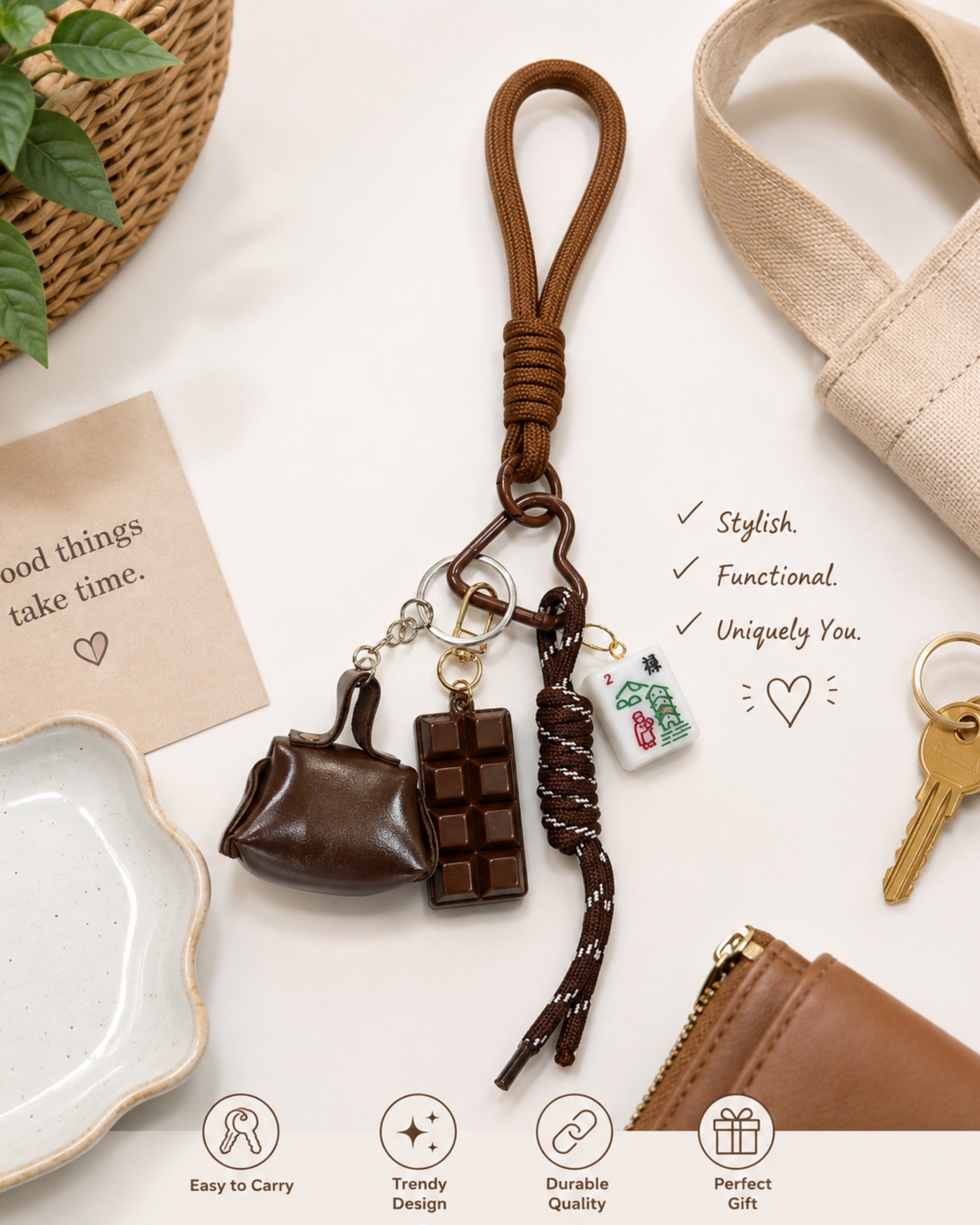 Premsons® Mahjong Keychain – Stylish & Functional Decorative Key Ring with Mahjong Tile Charm-Brown