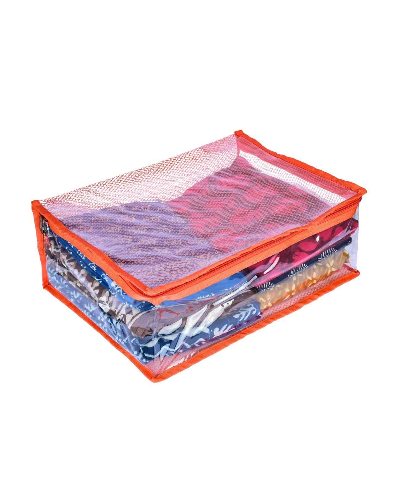 Premsons® Transparent Saree Cover with Zip | Durable & Foldable Storage Organizer for Wardrobe | Protects from Dust & Moisture | Pack of 2 | Orange