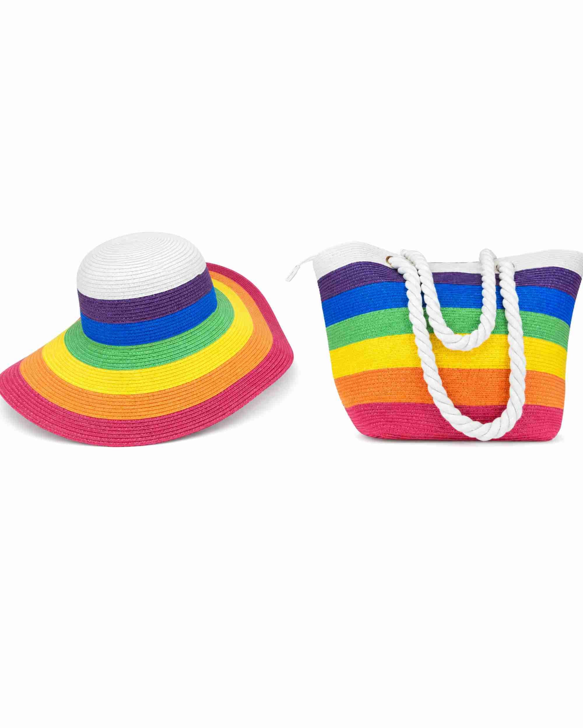 Premsons® Women's Rainbow Sun Hat & Beach Tote Combo | Wide Brim Straw Hat with Matching Shoulder Bag | Summer Vacation, Travel & Beach Essentials