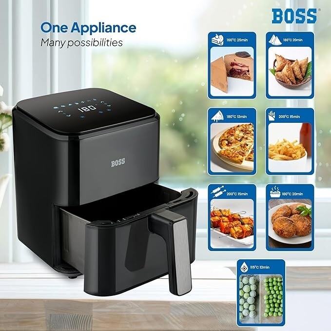 Boss SmartFry Digital Air Fryer – 4 Litre, 1200W | LED Touch Display with Temperature & Timer Control | Low-Oil Frying for Crispy Snacks, Fries, Kebabs & More