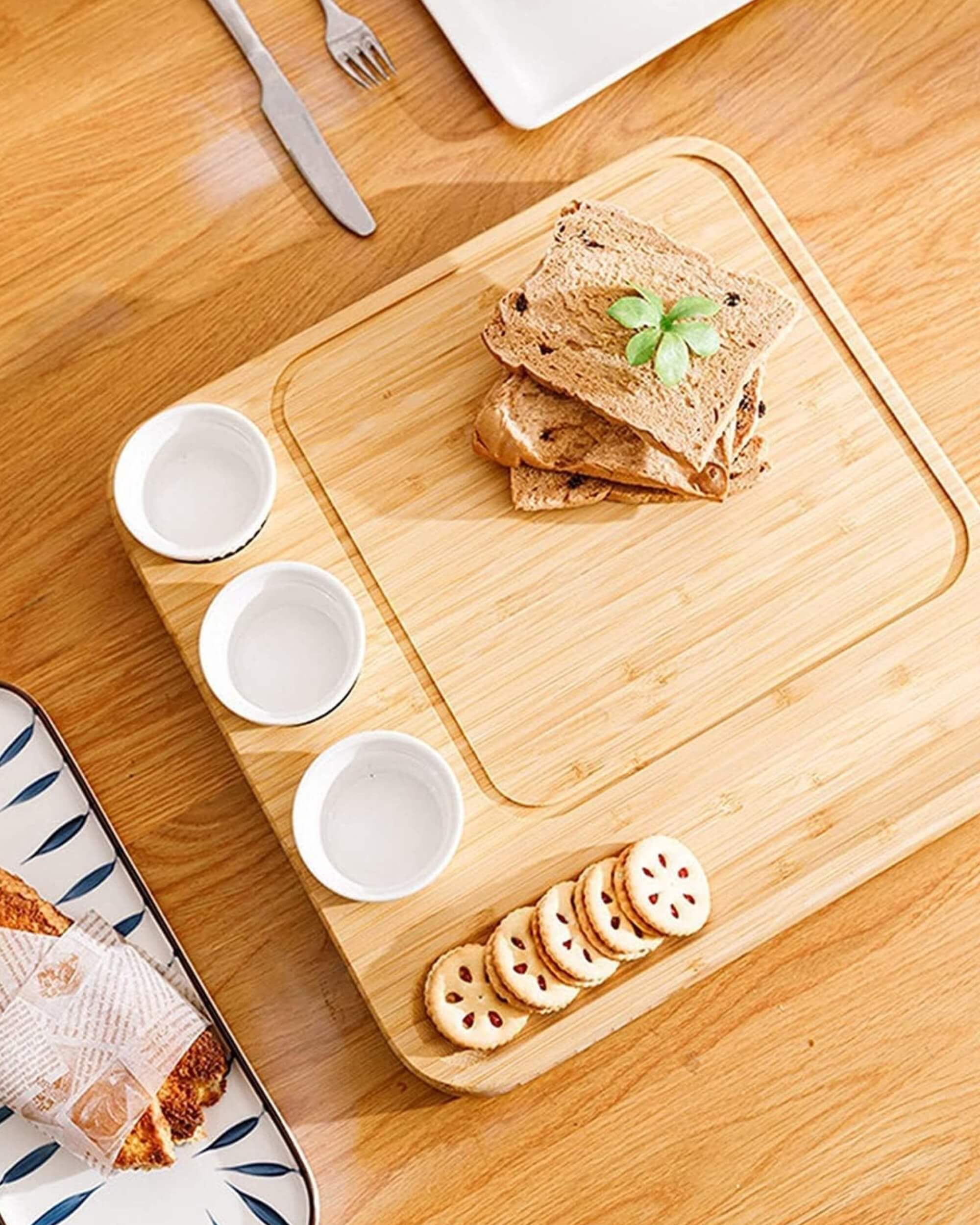 Premsons® Bamboo Cheese Board & Knife Set - Includes 4 Knives + 4 Forks + Ceramic Bowl Set -Square Serving Tray for Snacks Appetizers Cheese Fruits Crackers - Ideal for Home Dinner Special Occasions