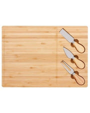 Bamboo cheese board with three knives and wooden handles
