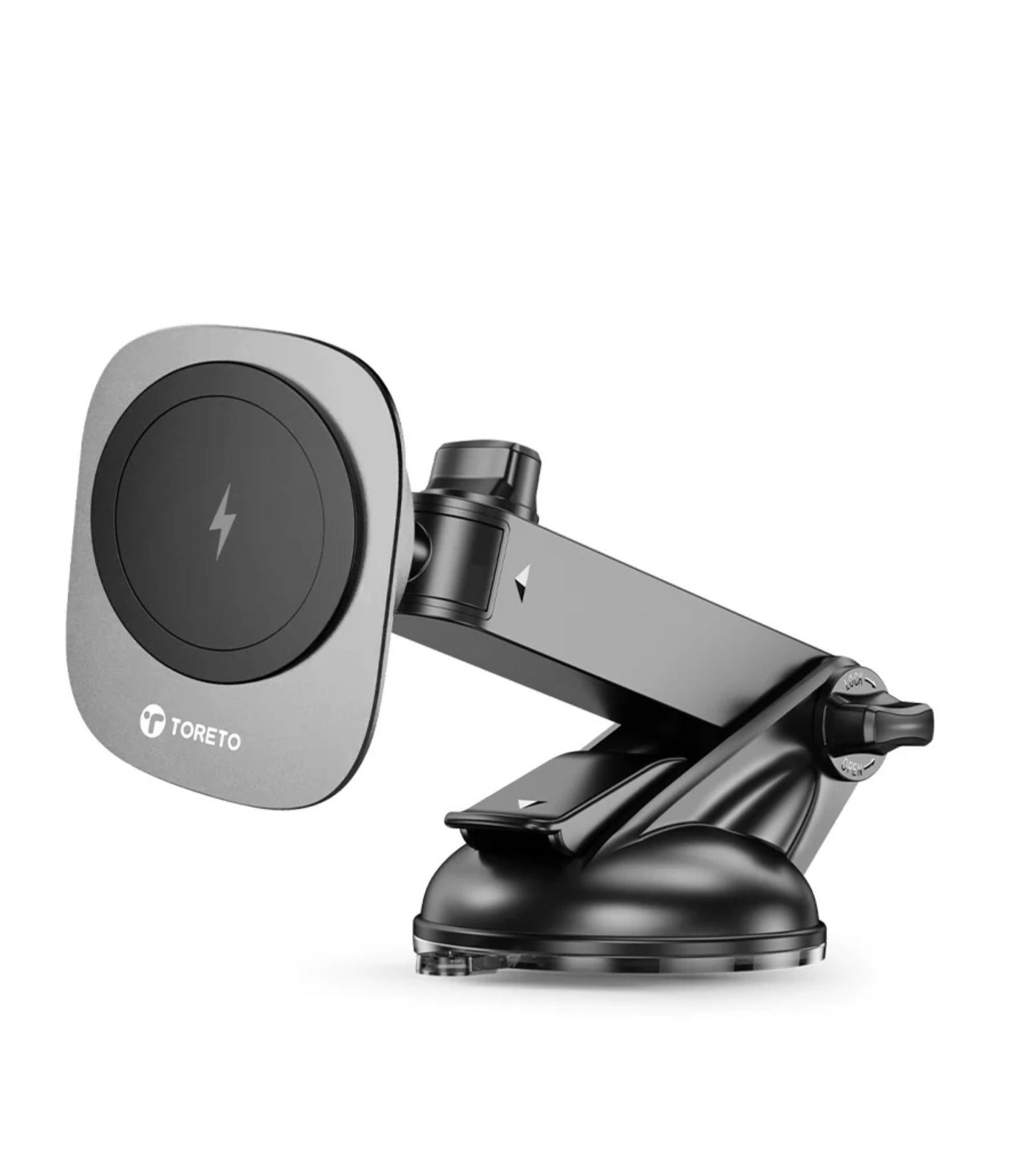 Toreto Magnetic Wireless Car Mobile Holder with Fast Charging | Adjustable Arm & 360° Rotation | Strong Suction Mount for Dashboard & Windshield | Compatible with MagSafe Devices