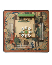 Vintage oriental mahjong table mat with palace artwork and red bordered frame