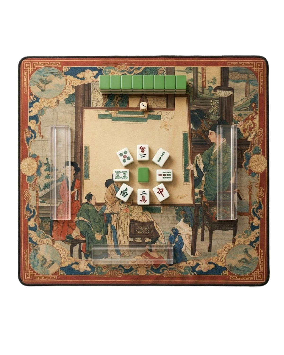 Vintage oriental mahjong table mat with palace artwork and red bordered frame