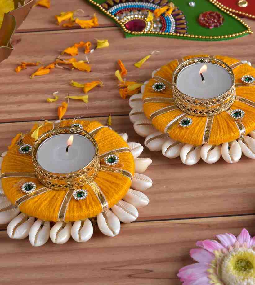 Premsons® Decorative Yellow Shell Diya Plate Tealight Candle Holder for Diwali & Pooja Décor
