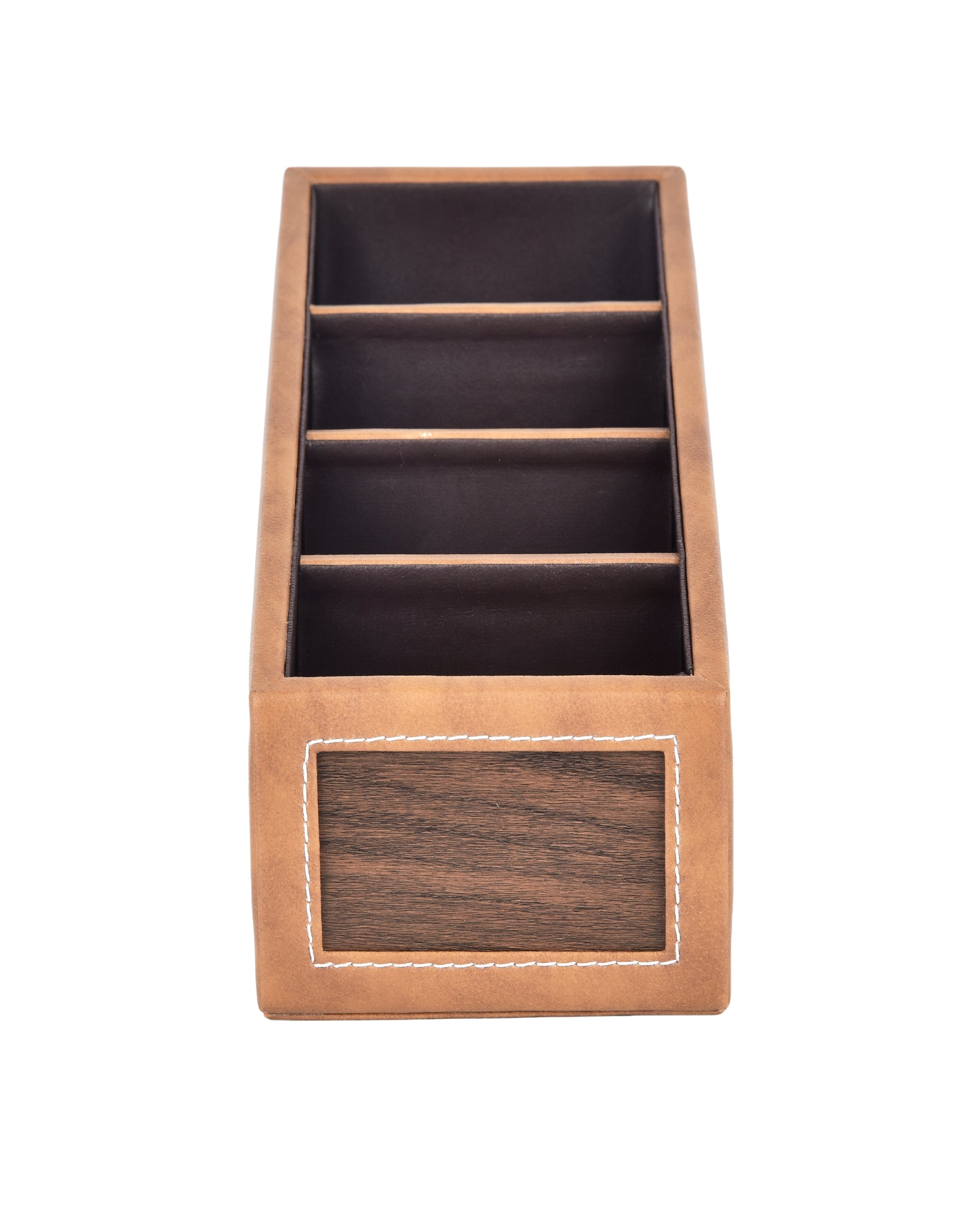 Premsons® Remote Holder Artificial Leather with Wooden Finish – 4 Section Tabletop Organizer for TV, AC & Office Desk Accessories – Compact & Stylish Storage Solution for Home & Office