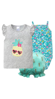 Premsons® Adorable Baby Girls' 3-Piece Summer Clothing Set – Pineapple Print Top, Floral Bodysuit & Ruffle Shorts | Soft & Comfy Cotton Outfit for  2 Years