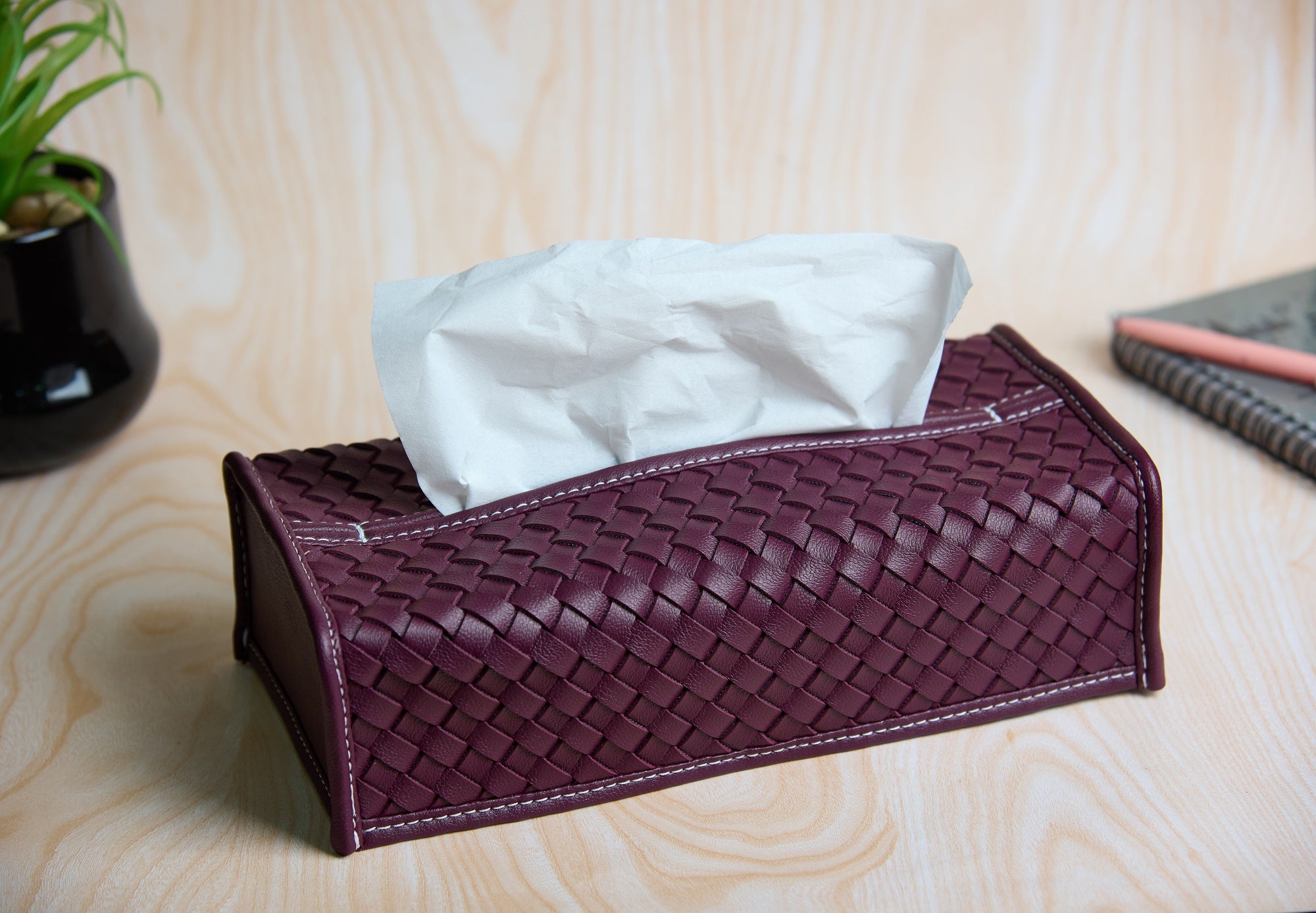 Premsons® Woven Design Artificial Faux Vegan Leatherette Tissue Paper Box for Dining Room Kitchen Bedroom Car and Home Décor (Purple, Rectangular Sleeve)