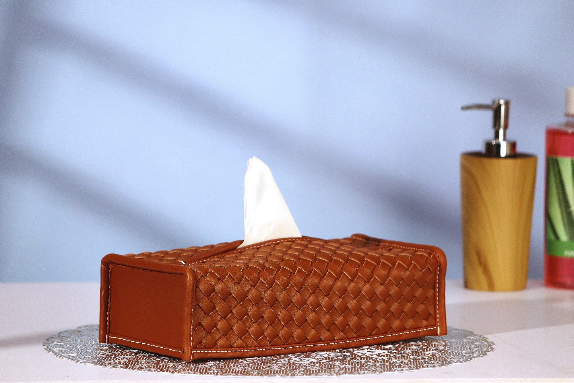 Premsons® Woven Design Artificial Faux Vegan Leatherette Tissue Paper Box for Dining Room Kitchen Bedroom Car and Home Décor (Brown, Rectangular Sleeve)