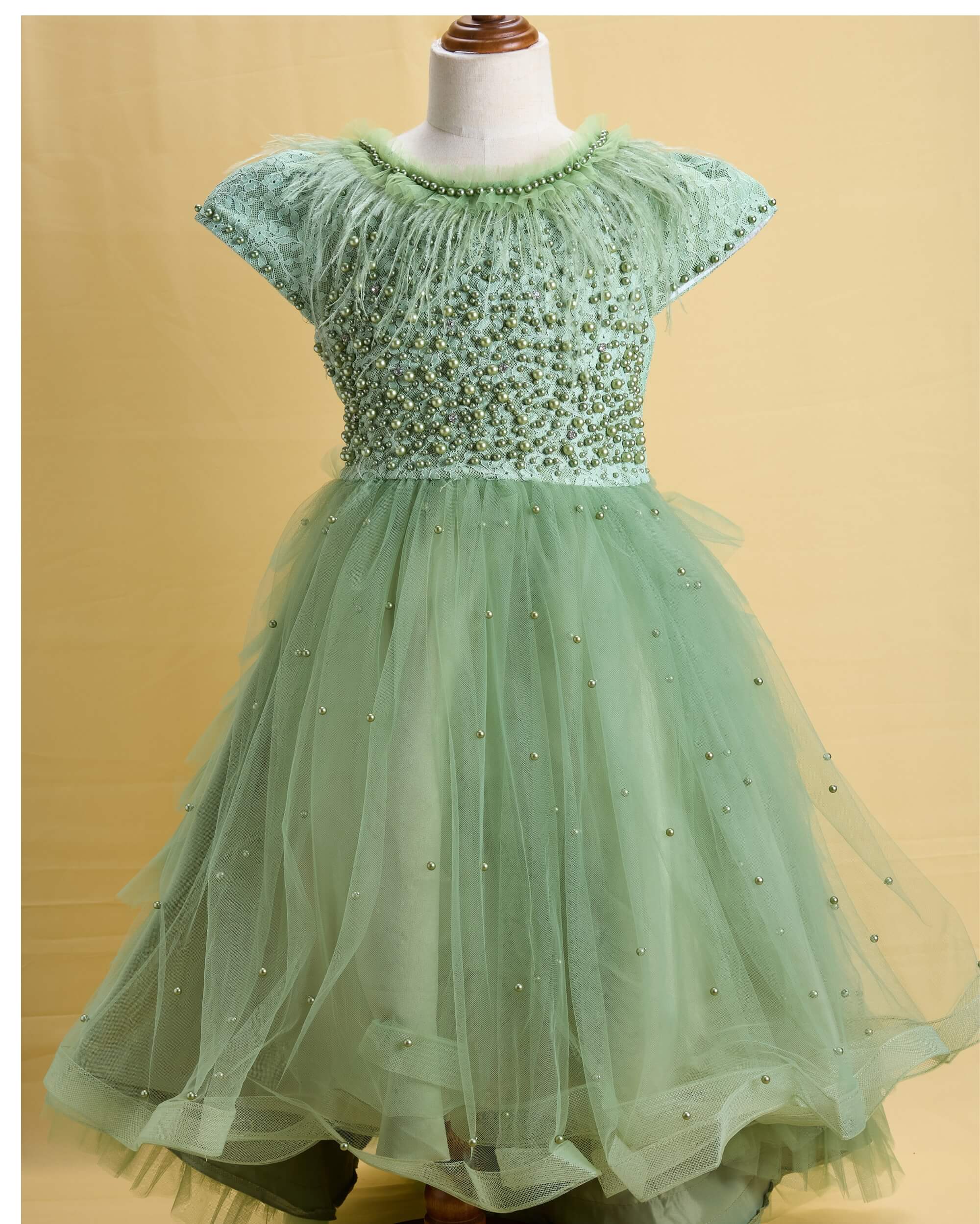 Premsons® Party Dress for Girls – Elegant Green Embellished Gown with Sequined Bodice, Soft Tulle Layers & Feather Detailing – Perfect for Birthdays, Weddings & Special Occasions