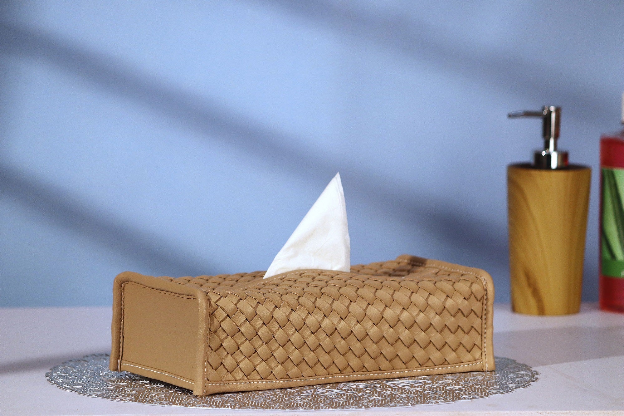 Premsons® Woven Design Artificial Faux Vegan Leatherette Tissue Paper Box for Dining Room Kitchen Bedroom Car and Home Décor (Beige, Rectangular Sleeve)