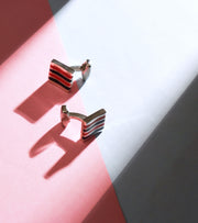 Premsons® Modern Wave Stripe Cufflinks – Square Silver-Tone Design with Red & Black Enamel Accents for Contemporary Formal Wear