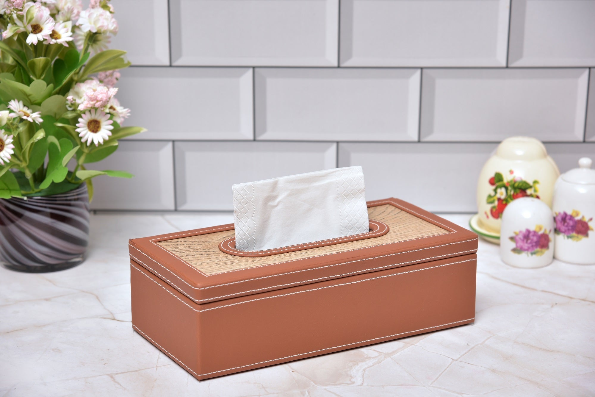 Premsons® Classic Rectangular Tissue Holder – Elegant Leatherette Tissue Box with Wooden Top Finish for Home, Office & Car – Stylish, Durable & Functional Tissue Dispenser for Everyday Use(Orange)