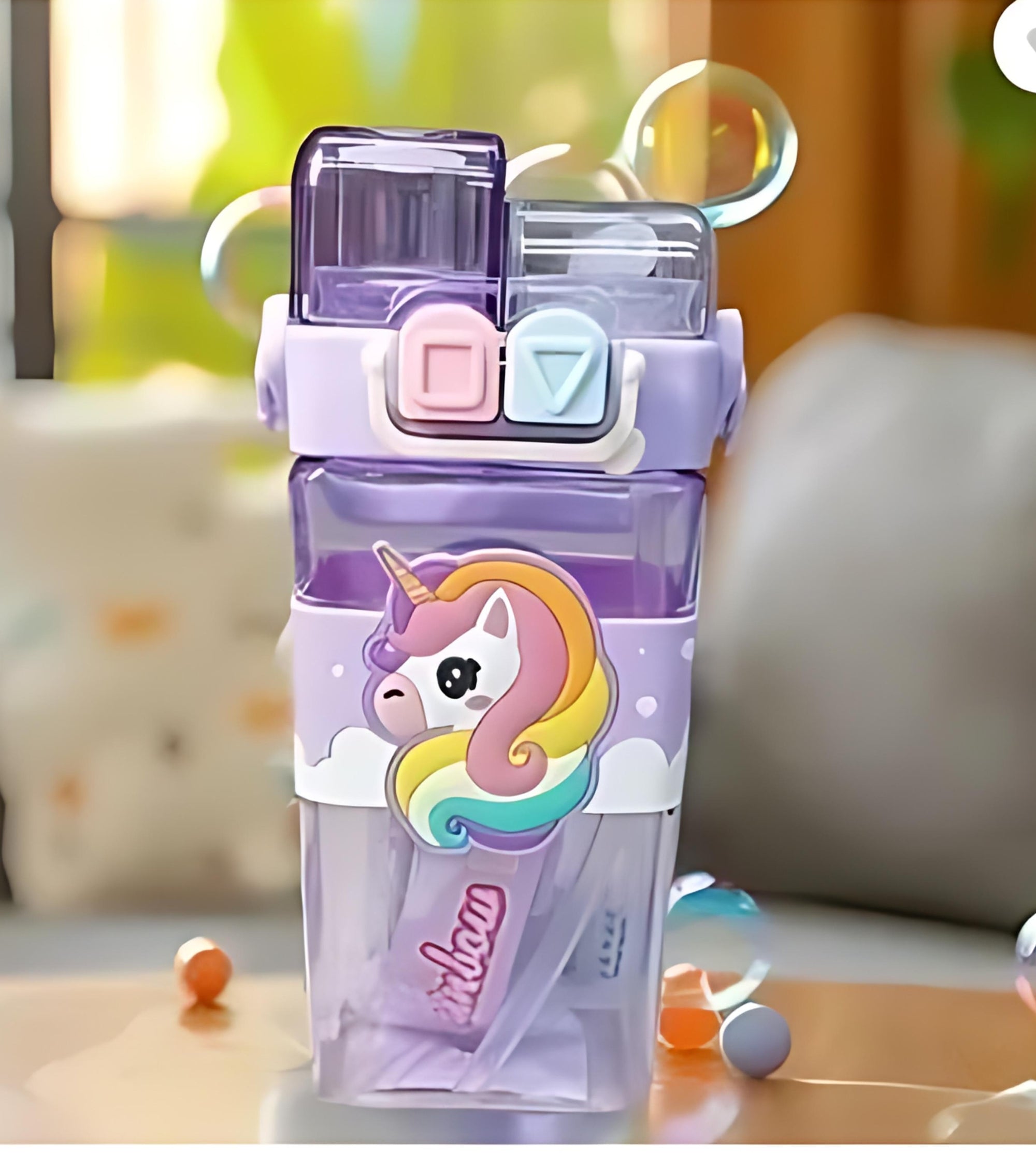 Premsons® Cute Unicorn Dual-Chamber Water Bottle for Kids – BPA-Free, Leakproof, 2-in-1 Hydration Bottle with Straw – 520ml (Purple)