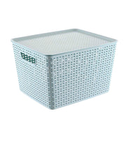 Premsons® Rattan Style Plastic Storage Basket with Lid | Multi-Purpose Organizer Box with Handles | For Toys, Clothes, Bathroom, Kitchen & Office – Durable Stackable Bin