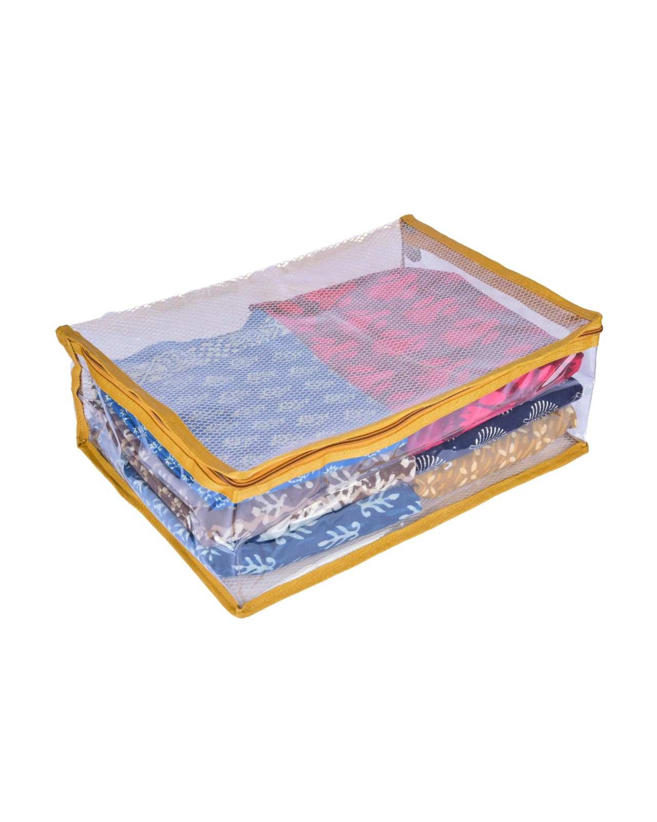 Premsons® Transparent Saree Cover with Zip | Durable & Foldable Storage Organizer for Wardrobe | Protects from Dust & Moisture | Pack of 2 | Gold
