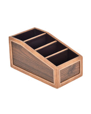 Premsons® Classic Remote Holder – 4 Section Tabletop Organizer in Light Brown | Faux Leather with Refined Wooden Finish | Decorative & Practical Organizer