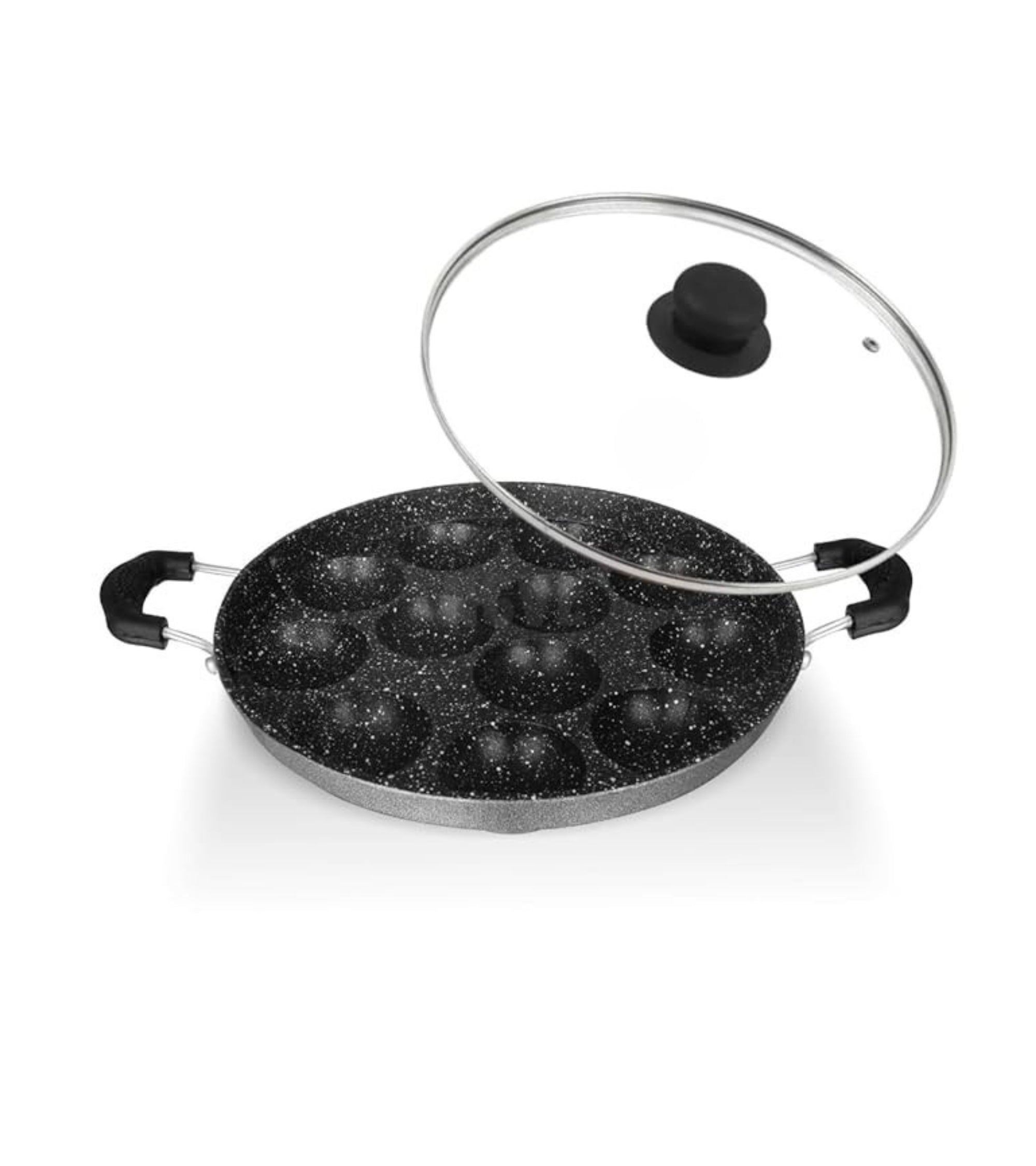 Premsons® Heavy-Base Non-Stick 12 Cavity Appam Patra with Glass Lid | Appam Maker | Appe Pan | Litti Maker | Non-Stick Appam Stand for Gas Stove Cooking