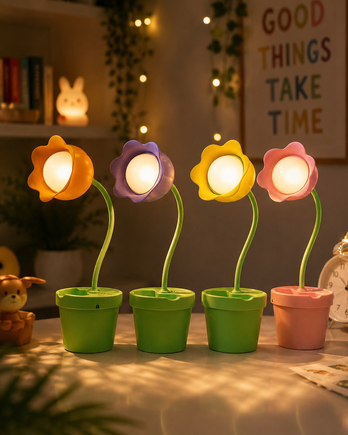 Flower LED desk lamps in planters with glowing bulbs: yellow, purple, and pink (set)