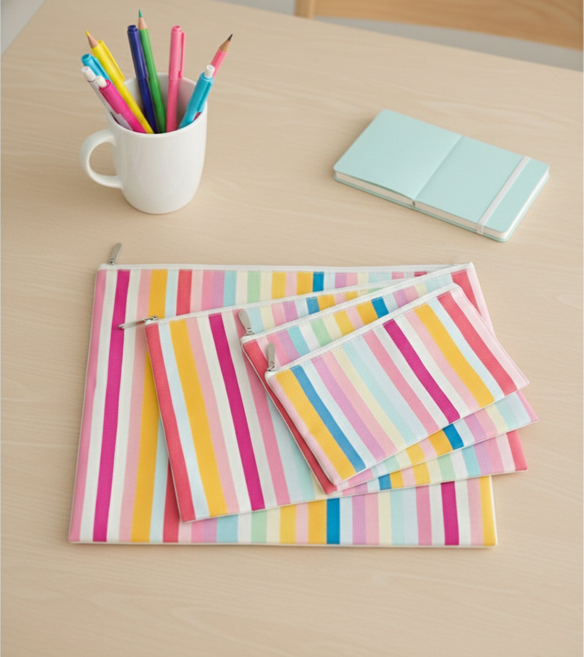 Premsons® Colourful Striped Leatherette Pouch | Vibrant Stripe Design, Premium Finish, Durable & Lightweight, Zip Closure, Multipurpose Storage