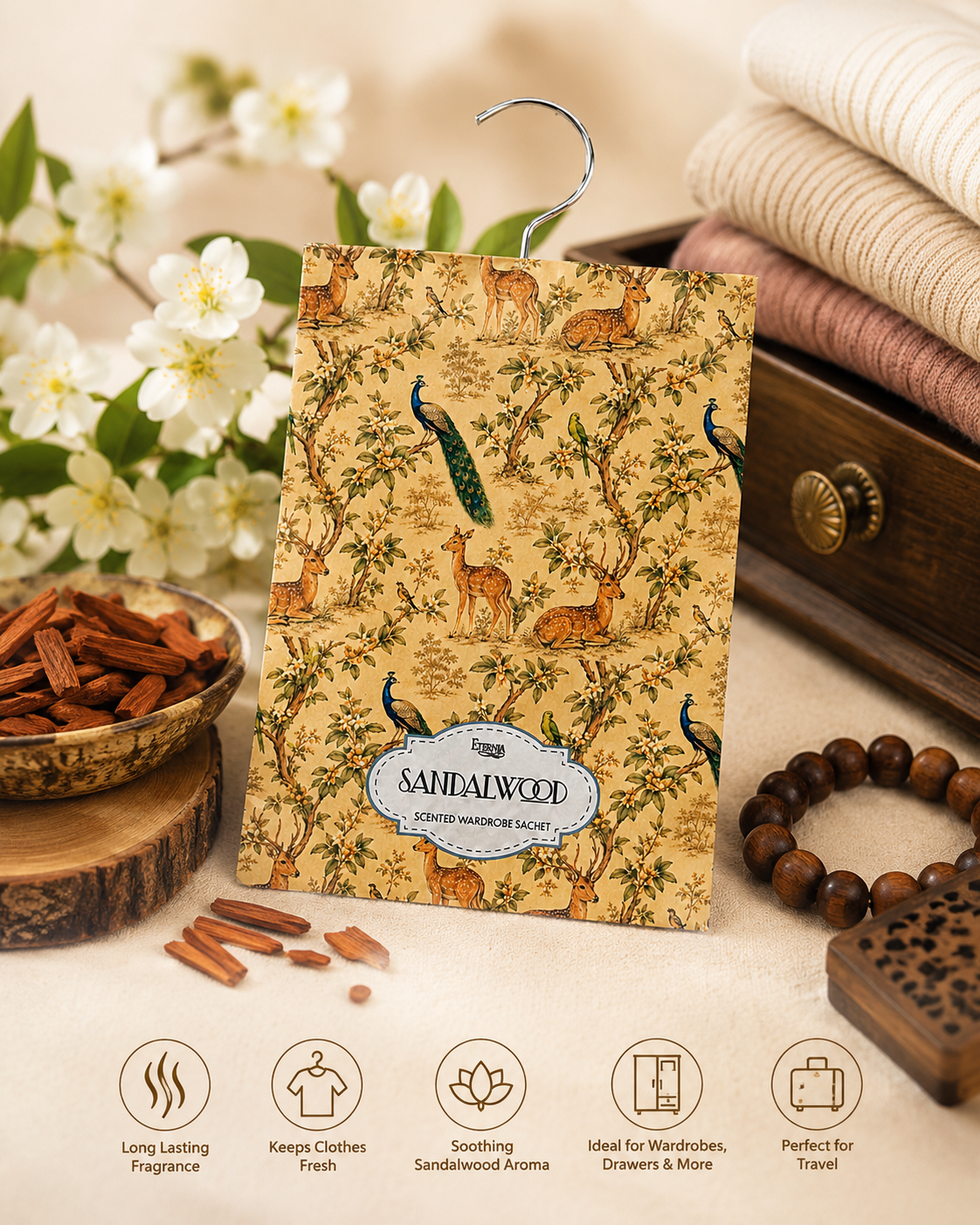 Sandalwood scented wardrobe sachet with hanging hook and bottom use icons