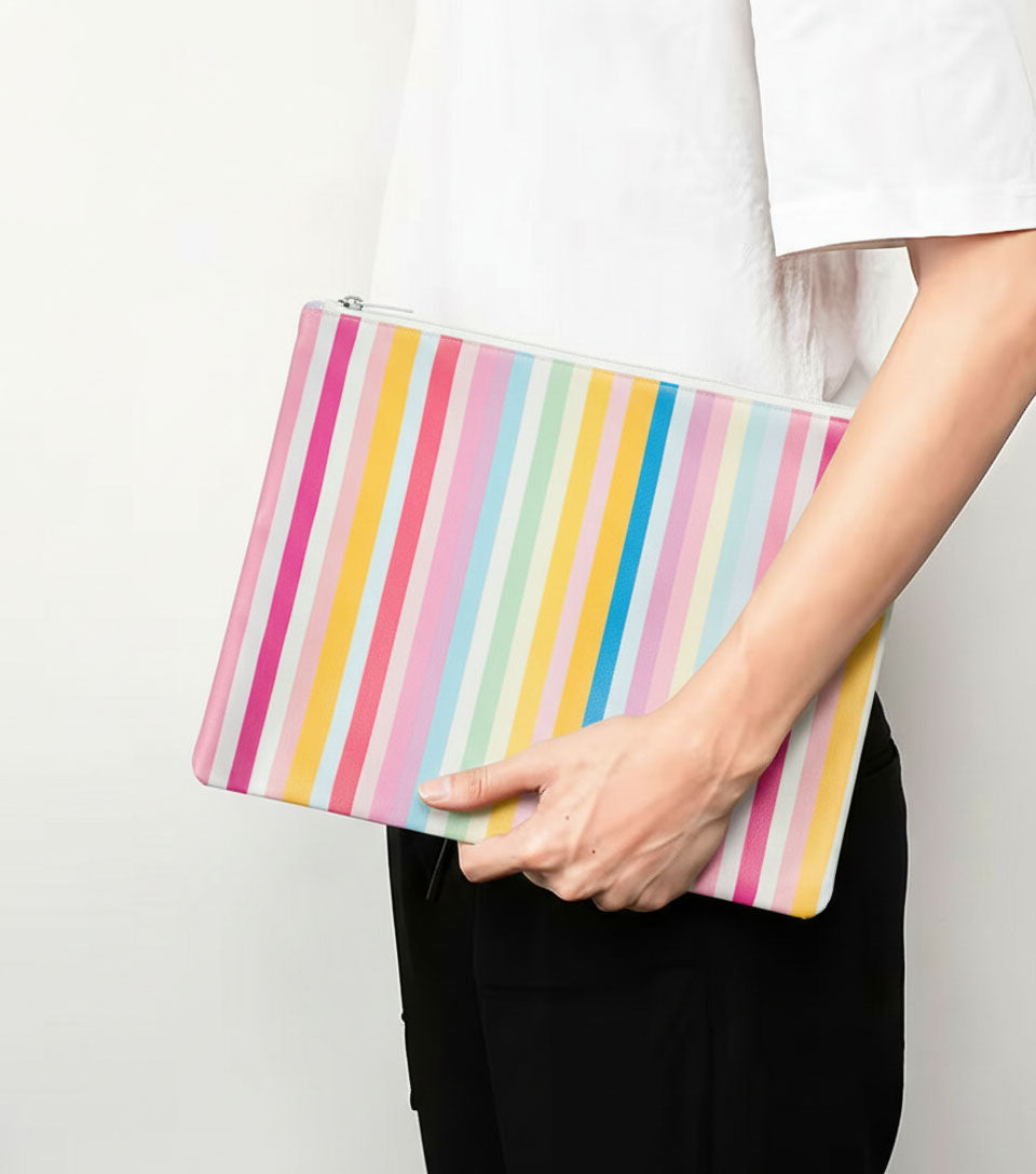 Premsons® Colourful Striped Leatherette Pouch | Vibrant Stripe Design, Premium Finish, Durable & Lightweight, Zip Closure, Multipurpose Storage