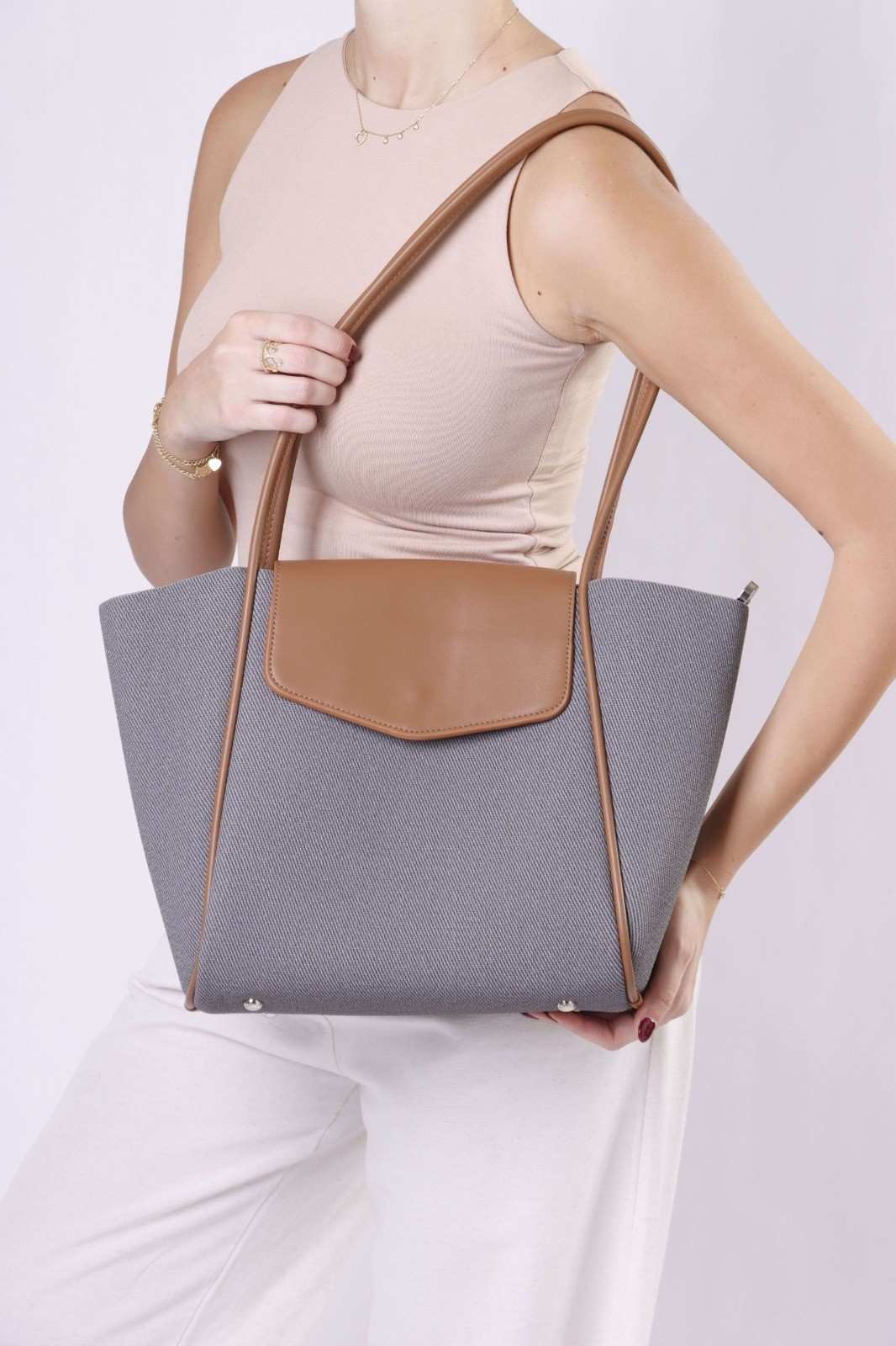 Eternia® Tweed Tote Shoulder Bag – Structured Vegan Leather Handbag (Grey & Brown)