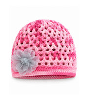 Pink crochet beanie cap with textured stitch and sheer gray flower applique