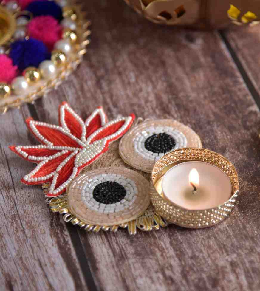 Premsons® Lotus Beaded Floral Diya – Ethnic Tealight Holder for Laxmi Pooja