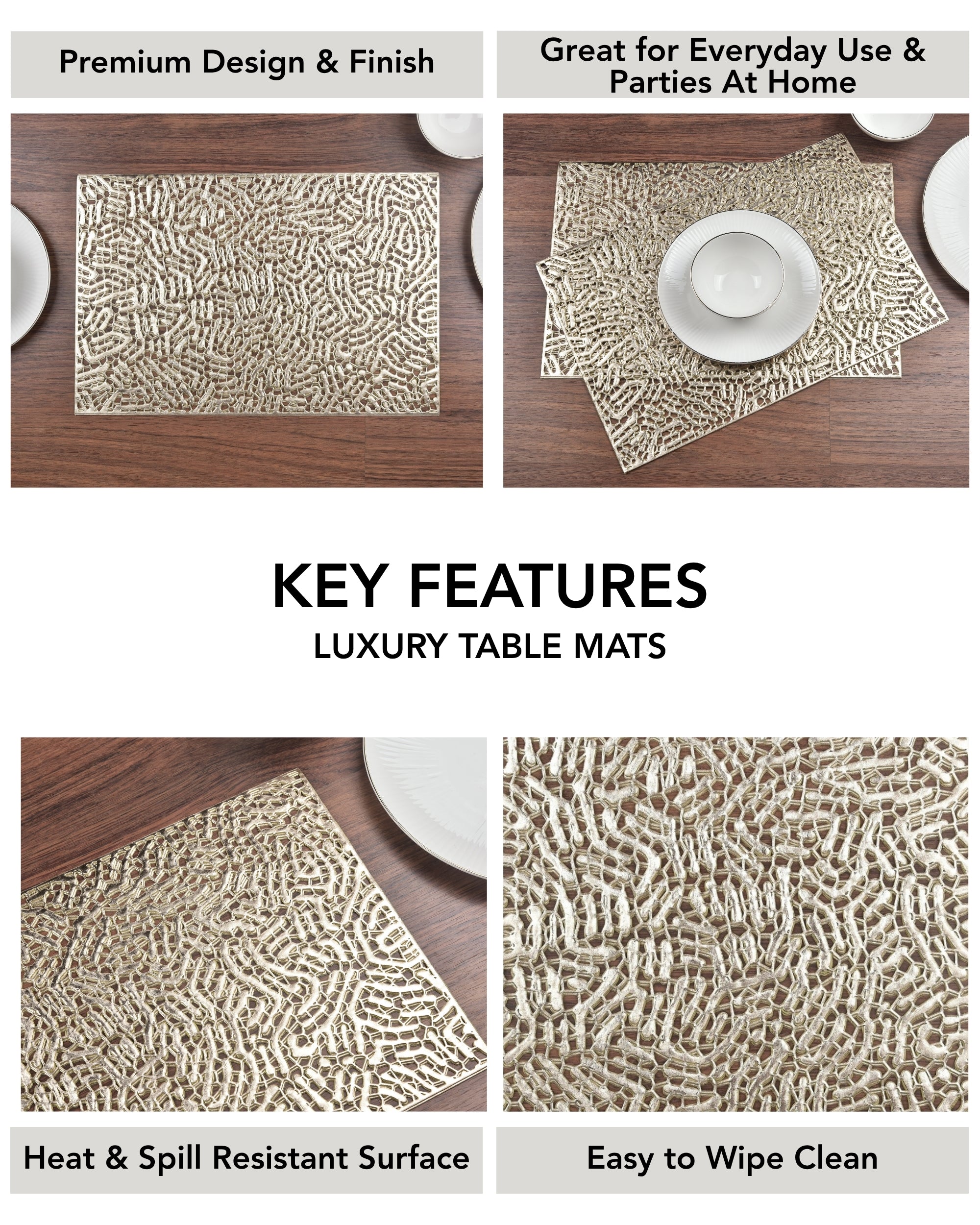 Premsons® Golden Metallic Hollow Design Rectangle Placemat – Washable, Wipeable, Non-Slip & Stain-Resistant Table Mat for Dining, Kitchen, Wedding & Party Décor