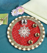 Premsons® Red Decorative Pooja Thali with Beads & Embellishments – For Every Auspicious Occasion