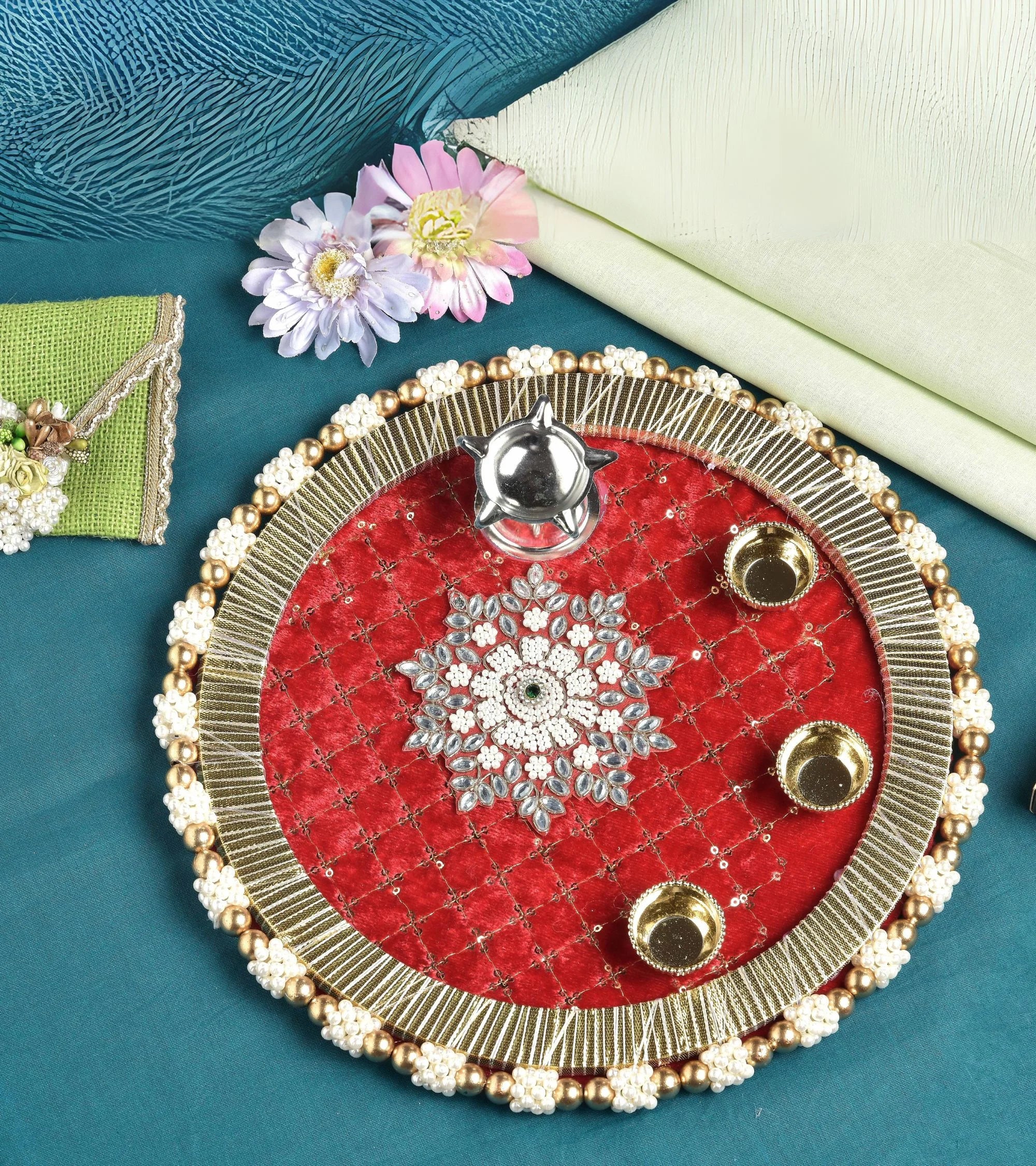 Premsons® Red Decorative Pooja Thali with Beads & Embellishments – For Every Auspicious Occasion