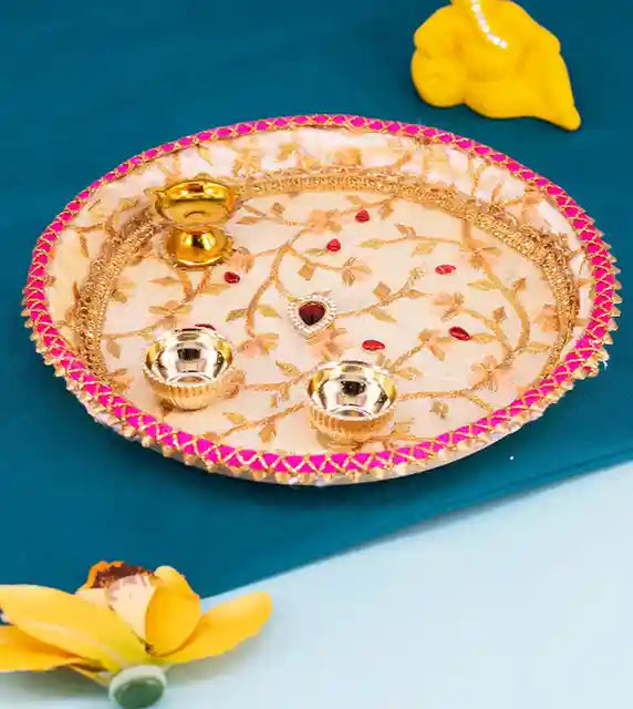 Premsons® Ivory & Gold Designwork Pooja Thali – Floral Design for Your Mandir