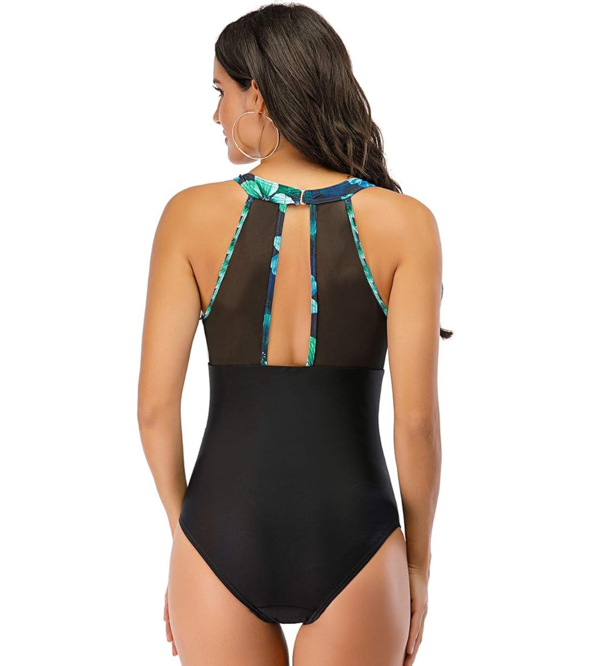 Women's one-piece swimsuit with back cutout and blue floral mesh straps on black