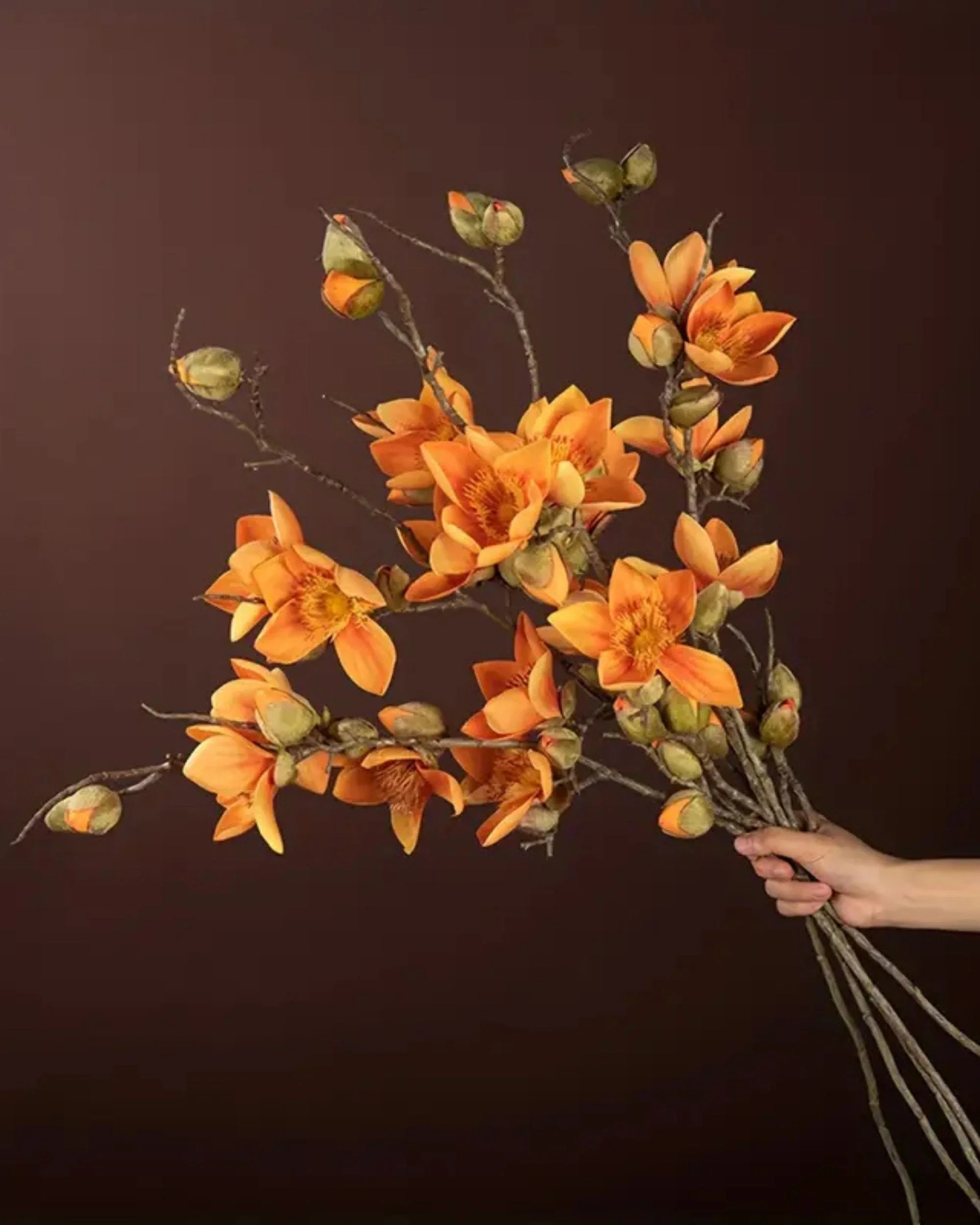 Premsons® Artificial Magnolia Blossoms Flower Stem – Real Touch Faux Floral Bunch for Vases, Home Decor & Centerpieces - Orange