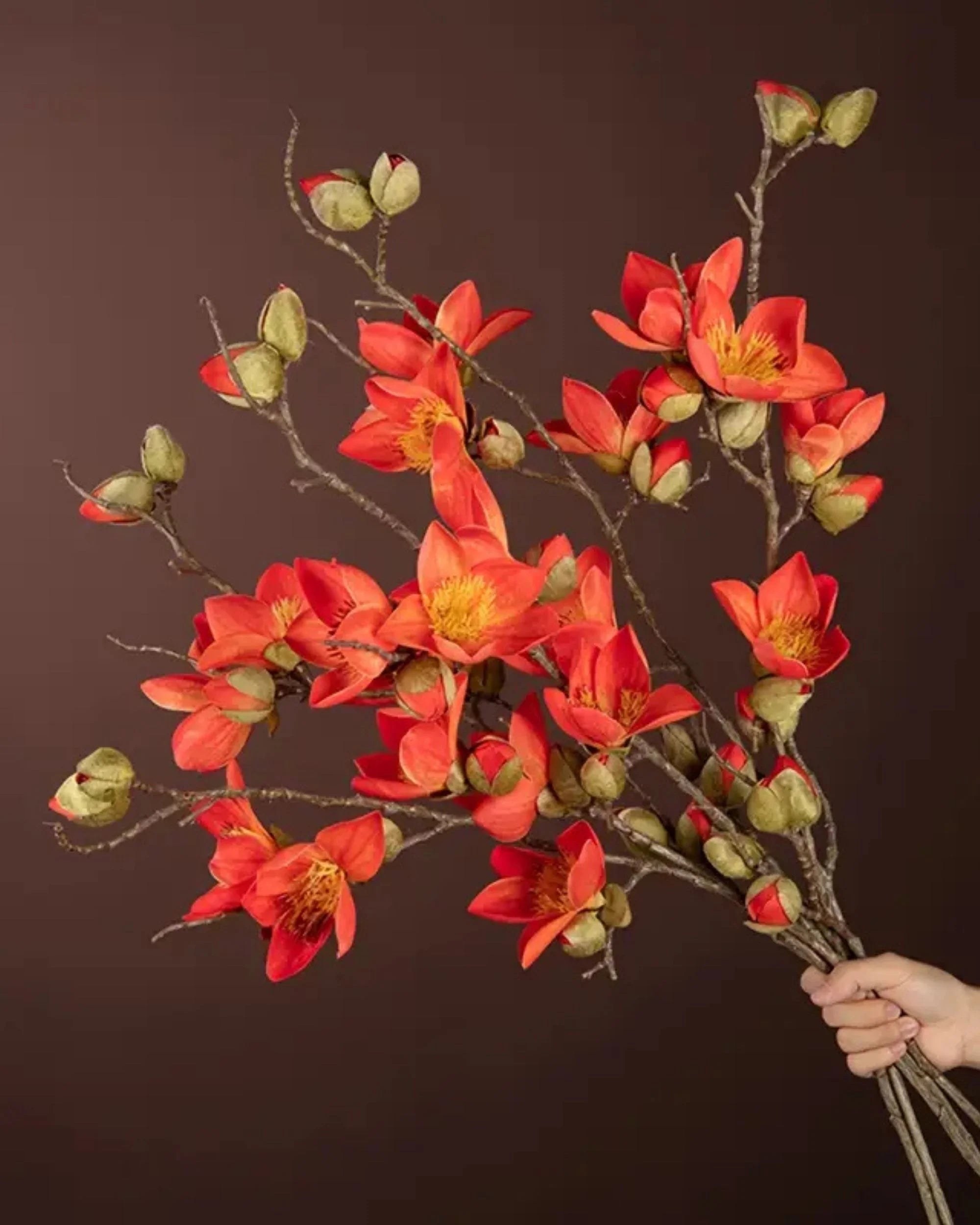 Premsons® Artificial Magnolia Blossoms Flower Stem – Real Touch Faux Floral Bunch for Vases, Home Decor & Centerpieces - Red