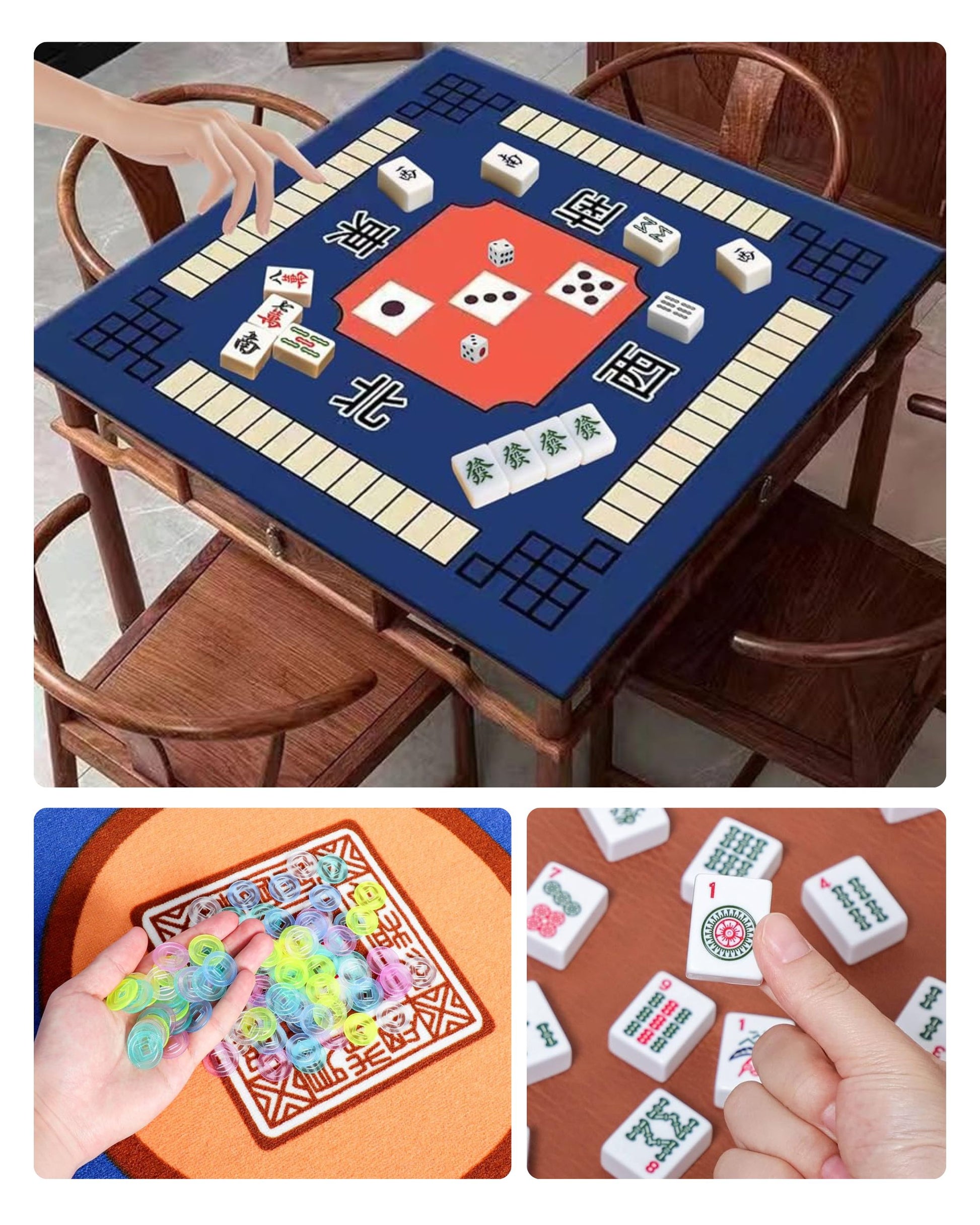 American mahjong set with blue playing mat and neatly lined white tiles.