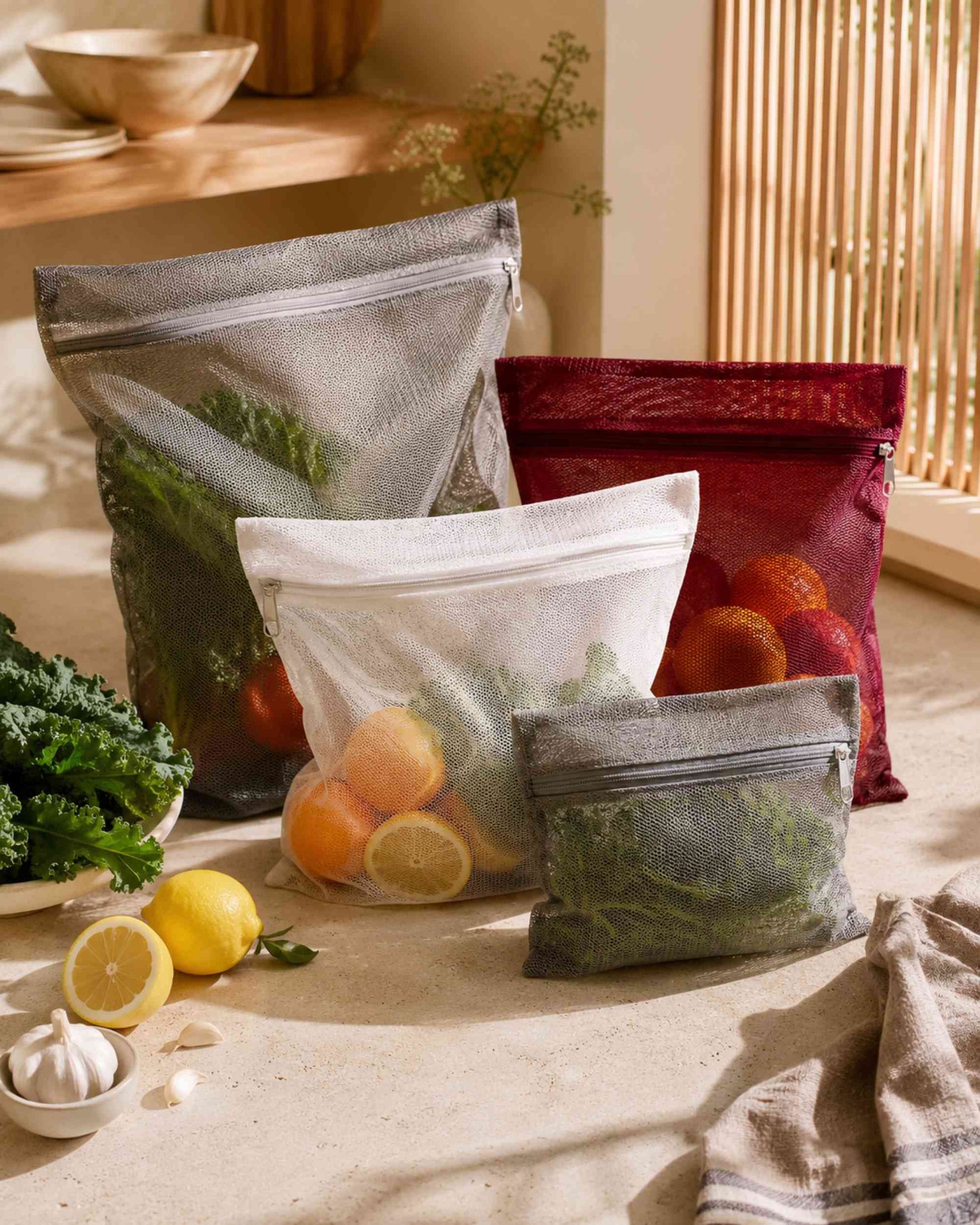 Maroon mesh zip storage bags with produce, reusable fridge organizers
