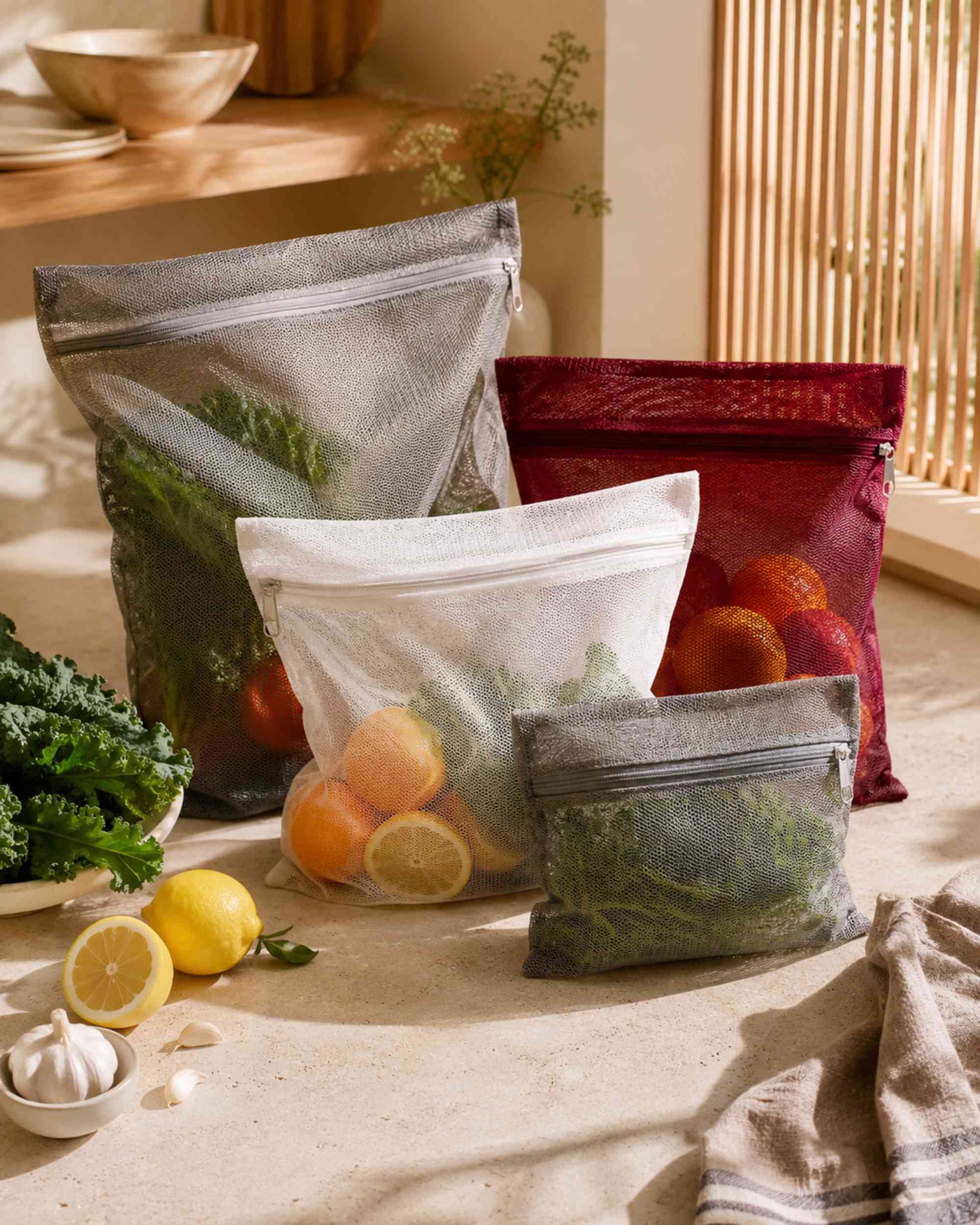Maroon mesh zip storage bags with produce, reusable fridge organizers