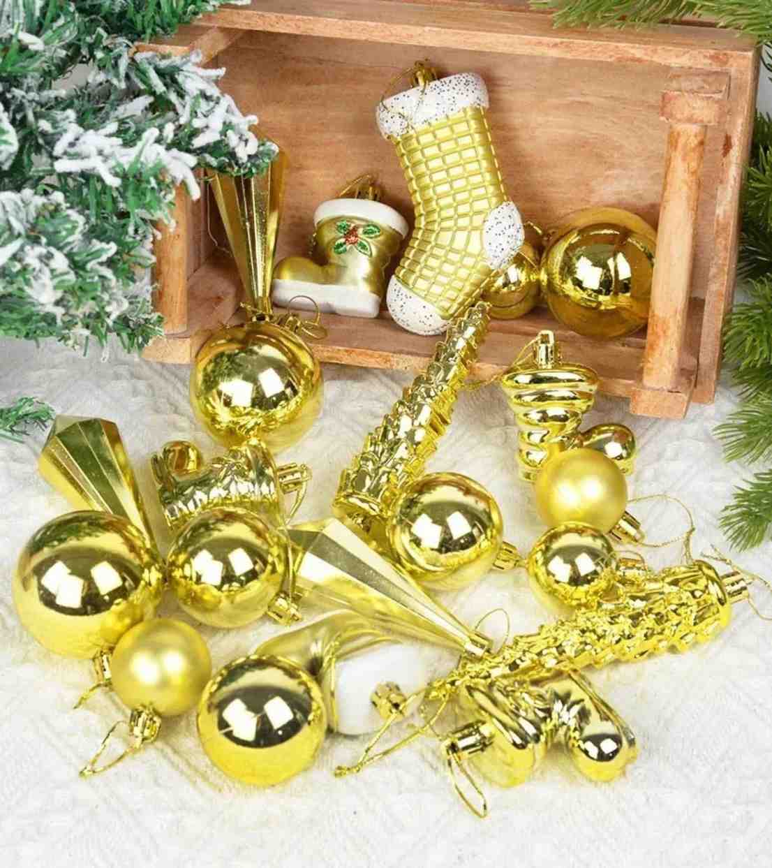 Premsons® Christmas Tree Ornaments Set – Mixed Baubles & Decorations, Gold, Pack of 21