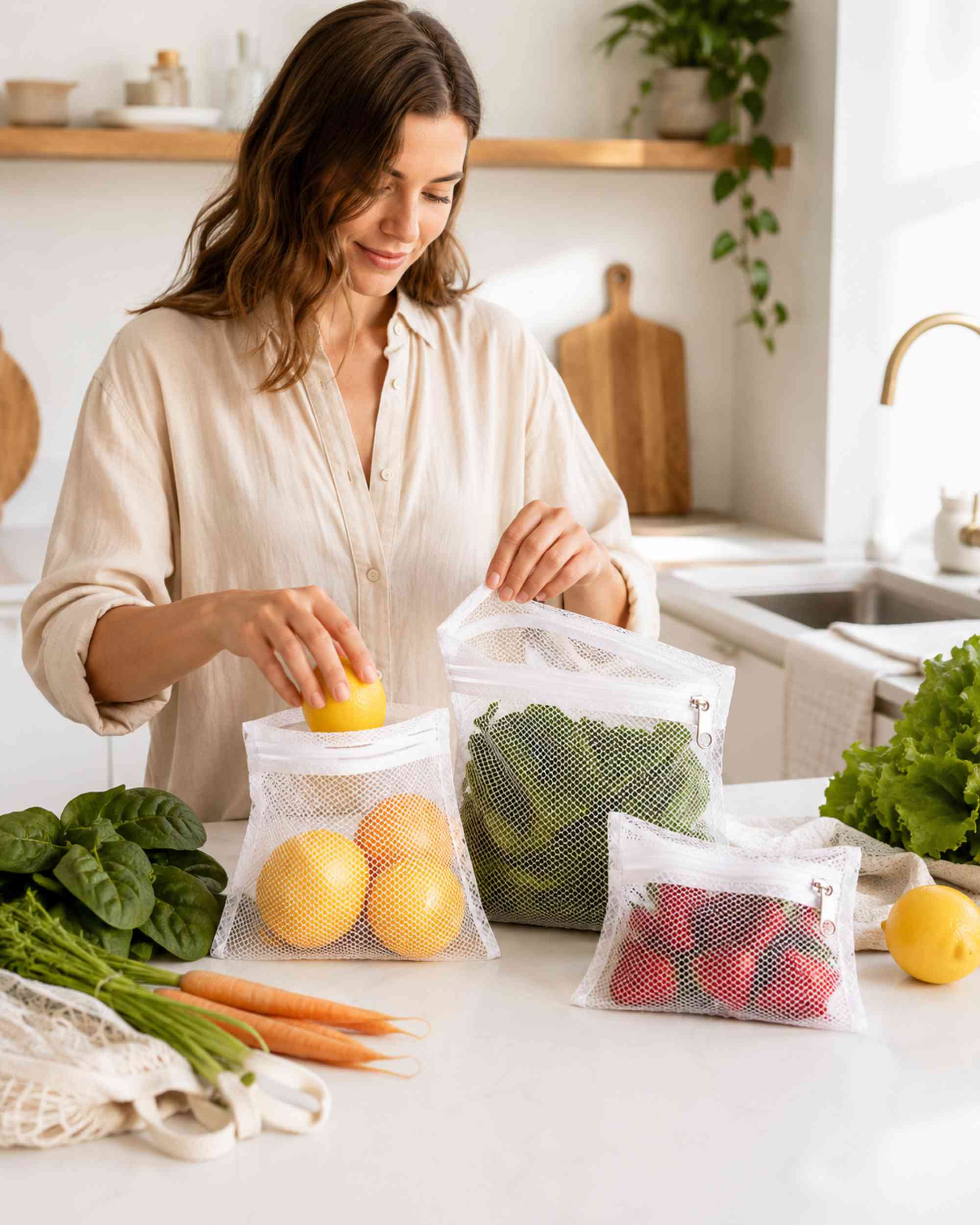 White mesh zipper fridge bags holding lemons, carrots, and greens on counter