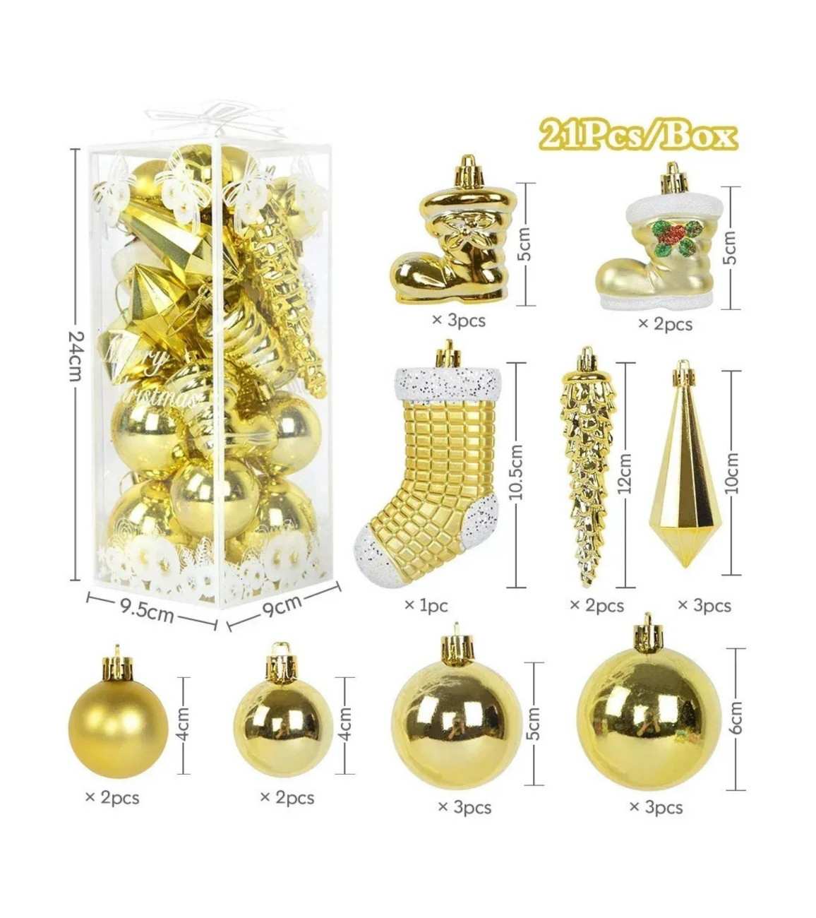 Premsons® Christmas Tree Ornaments Set – Mixed Baubles & Decorations, Gold, Pack of 21