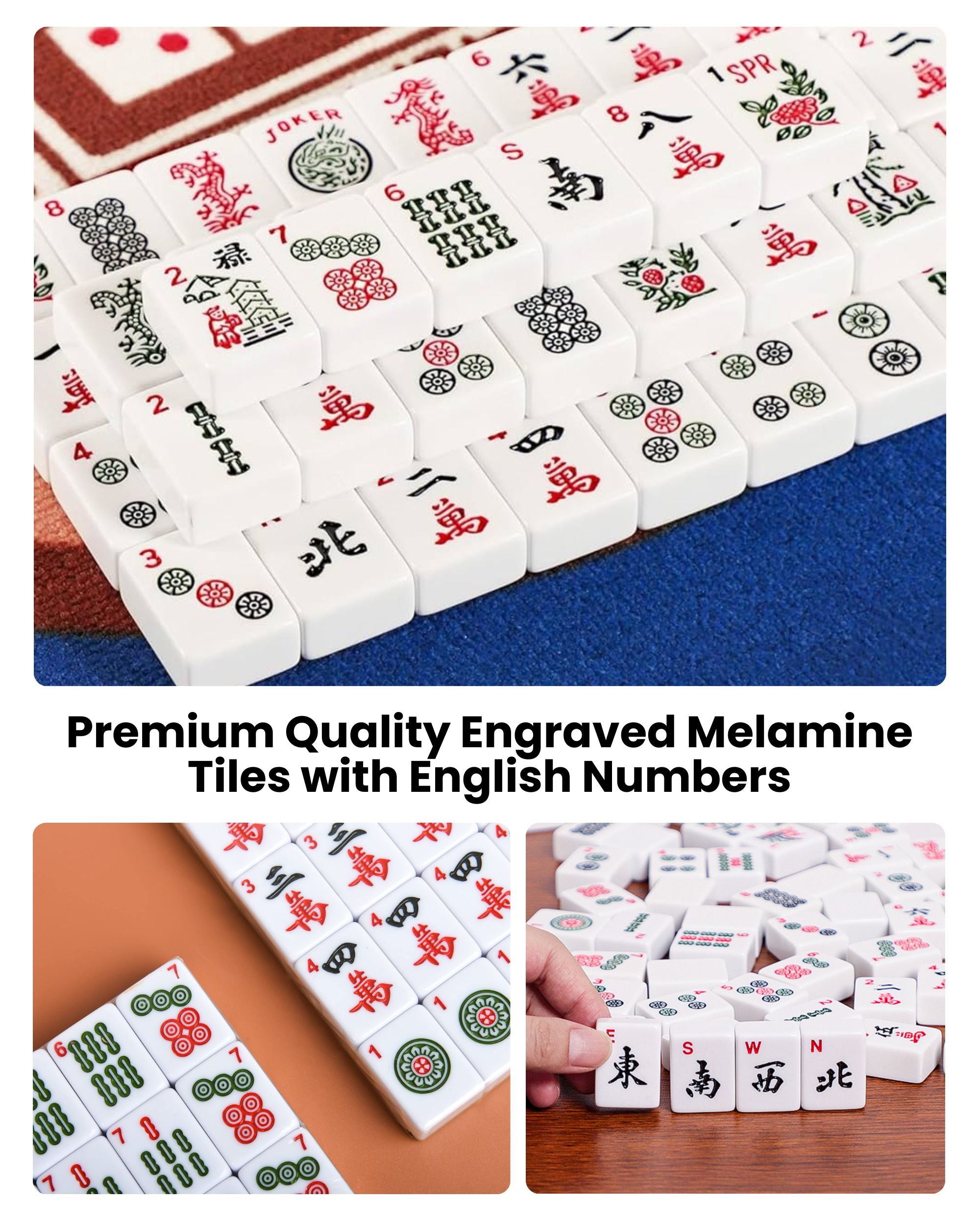Premsons® American Mahjong Set with Red Mat & Carry Bag  – Full Game Kit with Tiles, Racks, Pushers, Dice & Beginner Instruction Guide – White