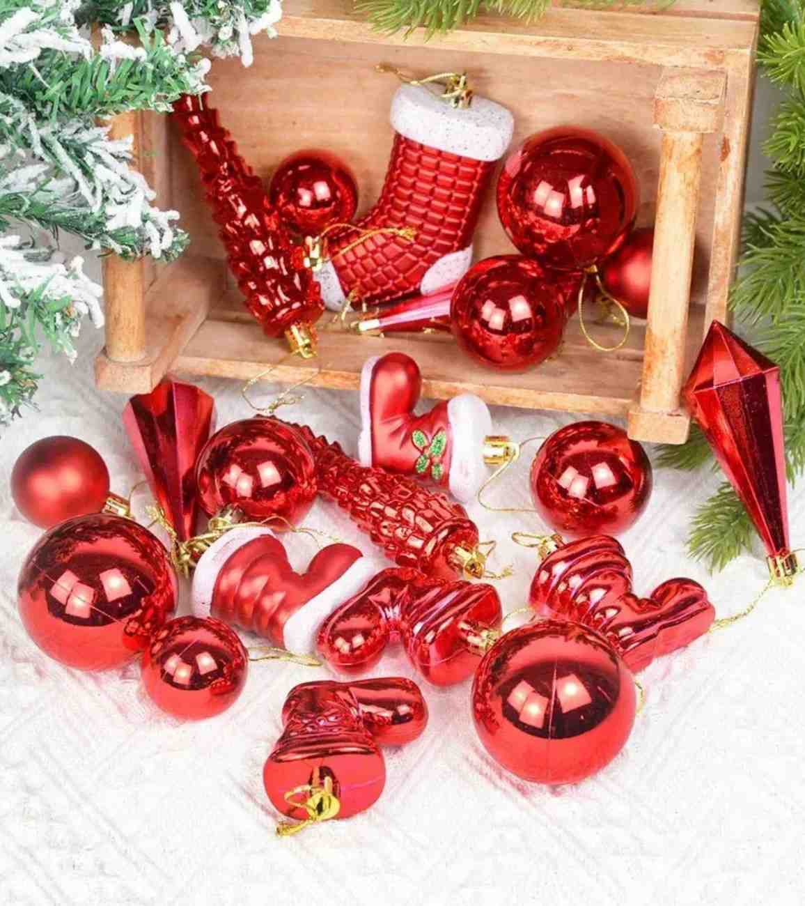Premsons® Christmas Tree Ornaments Set – Mixed Baubles & Decorations, Red, Pack of 21