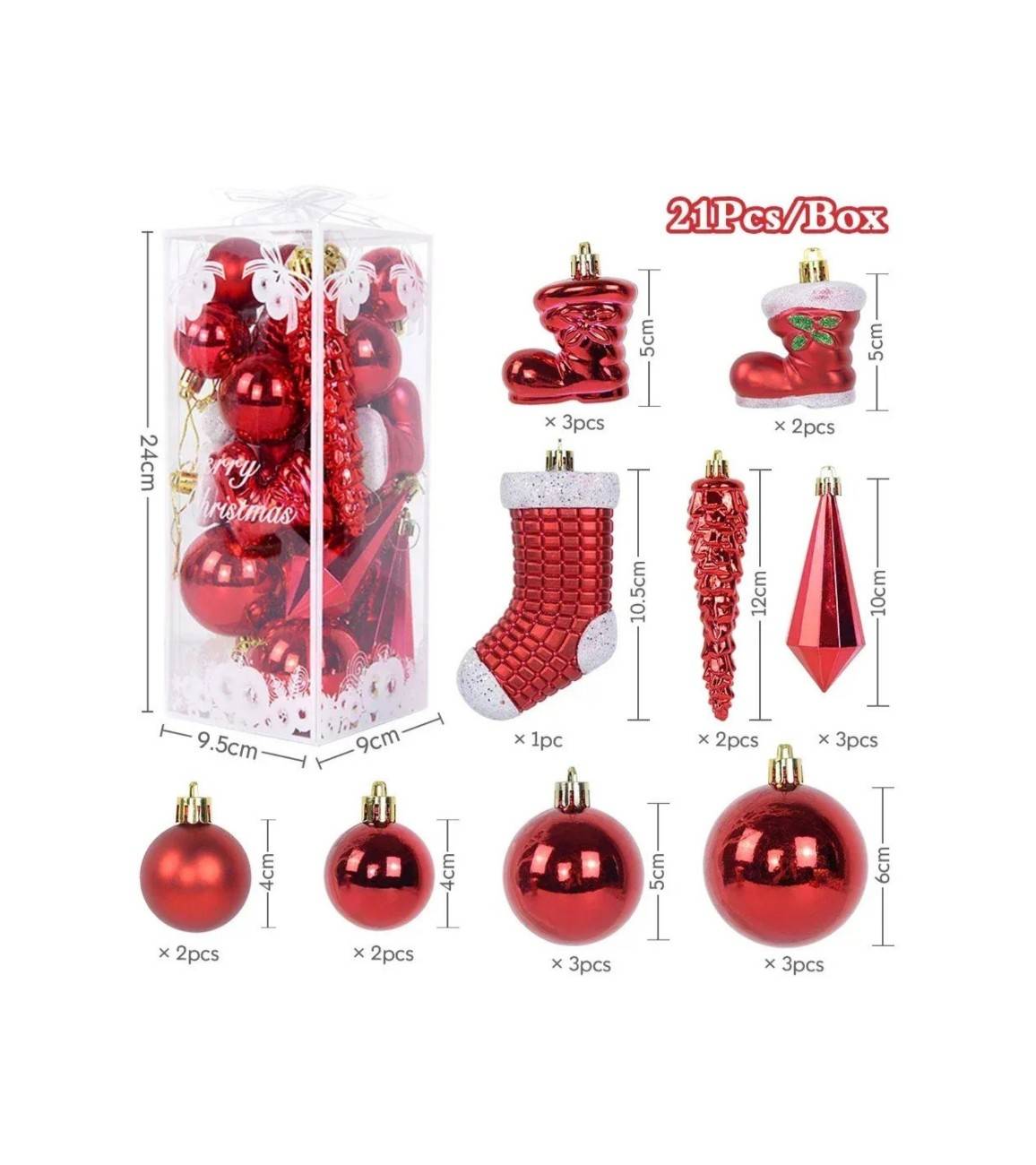 Premsons® Christmas Tree Ornaments Set – Mixed Baubles & Decorations, Red, Pack of 21