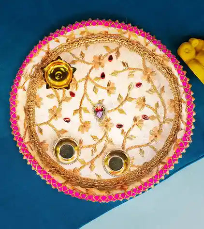 Premsons® Ivory & Gold Designwork Pooja Thali – Floral Design for Your Mandir
