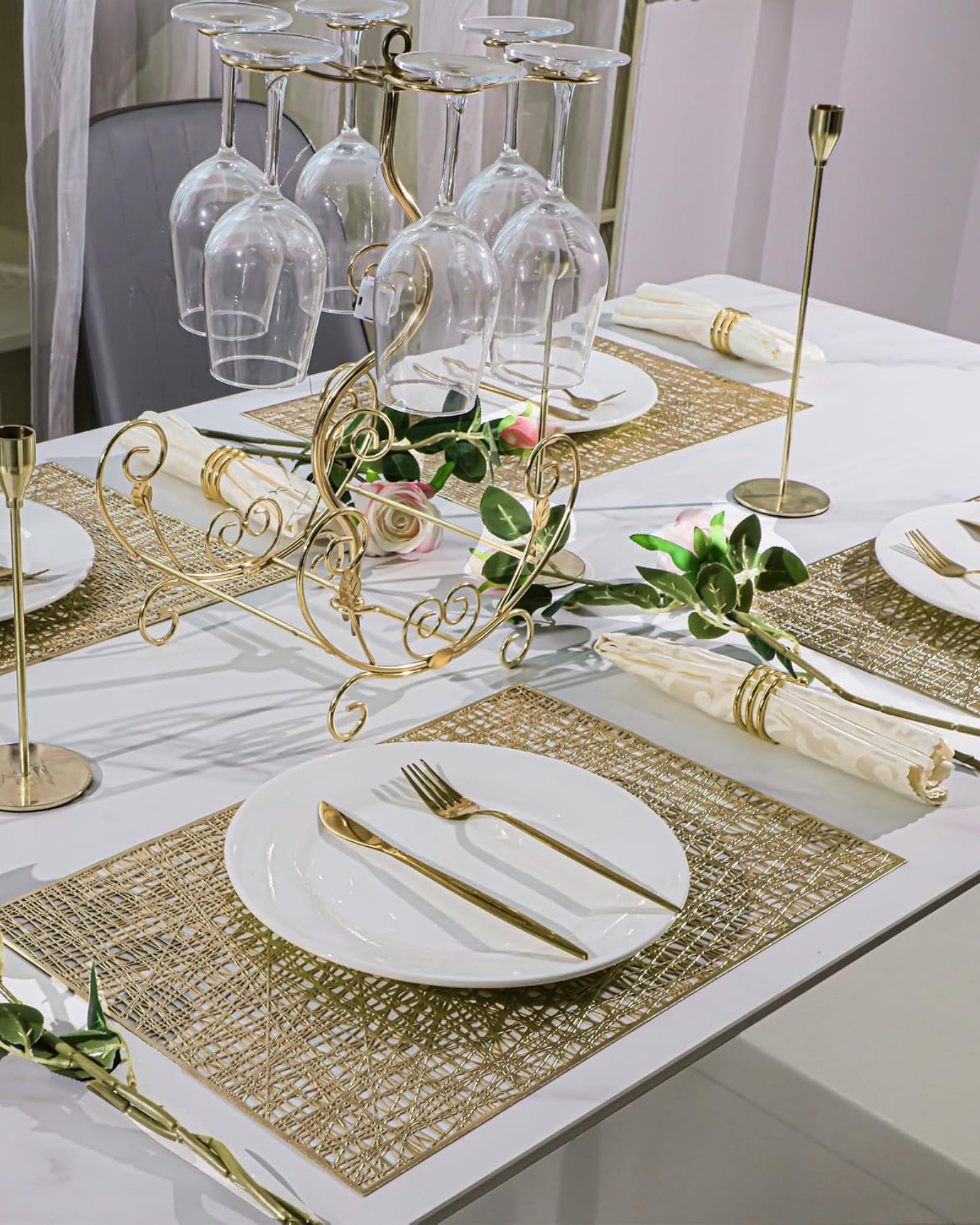 Premsons® Golden Mesh Design Rectangle Metallic Placemats – Washable, Wipeable, Non-Slip & Stain-Resistant Table Mats for Dining, Kitchen, Wedding & Party Décor