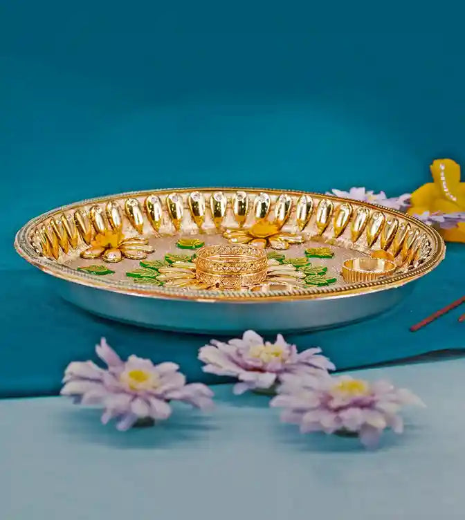Premsons® Luxe Golden Pooja Thali – Gemstone & Pearl Encrusted Grandeur