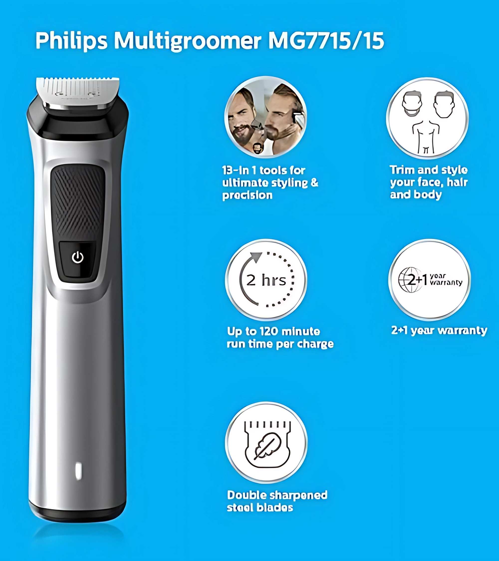 PHILIPS MG7715/15 Multigroom 7000 Series 13-in-1 Trimmer for Men | Face, Hair & Body Grooming Kit | 120 Min Runtime | Self-Sharpening Blades | Grey | Free Size
